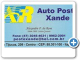 AFR Auto Posto Xande
Fone: 47 - 3045-4631 / 9962-2001
R: Tijucas, 209 Centro Itajaí/SC